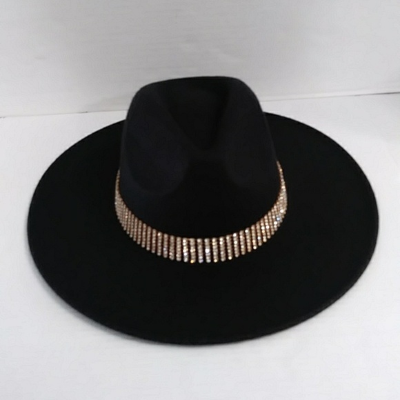 Black Fedora Hat With Gold Rhinestone Trim *EUC*